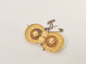 Victorian gold brooch of Etruscan style with two crescents, beads and fine piercing, probably 15ct