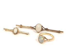 Opal ring and two similar pins in 9ct gold. 8g gross (3)