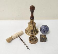Small group of antique curios to include a bone handled corkscrew, Scottish plaid pottery carpet