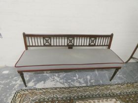 Edwardian mahogany parlour / hall settee with bar back and interspersed motifs to back rest, later