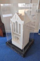 Large white painted wooden diorama of Lanercost Priory's gateway, the open reverse depicting