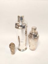 E.p. cocktail shaker with recipes, another, and a set of cocktail sticks in similar holder. (3)