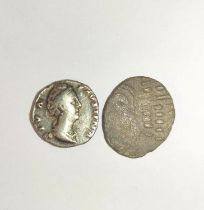 Roman coinage. Silver denarius of Faustina the Elder and another ancient silver coin. (2)