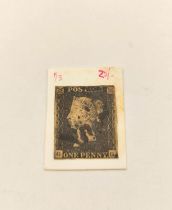 Great Britain. Penny black stamp, imperforated and with black Maltese Cross cancellation mark. Plate