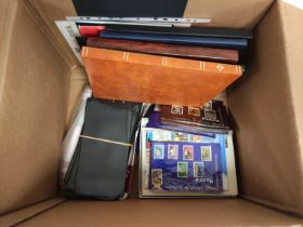 Box containing mixed world postage stamp albums and album sheets.