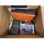 Box containing mixed world postage stamp albums and album sheets.