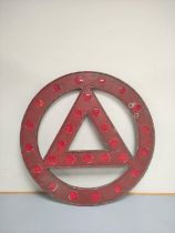 Large 1930s road warning triangle sign of cast aluminium construction by Gowshall Ltd London.