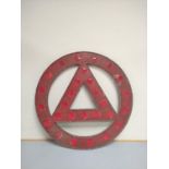 Large 1930s road warning triangle sign of cast aluminium construction by Gowshall Ltd London.