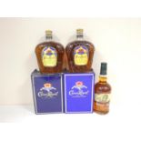 Two bottles of CROWN ROYAL fine de luxe blended Canadian whisky 40° GL 1litre boxed and a bottle