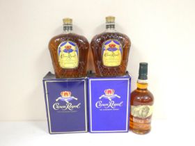 Two bottles of CROWN ROYAL fine de luxe blended Canadian whisky 40° GL 1litre boxed and a bottle