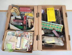 Two boxes of model railway components, track and model buildings. (2)