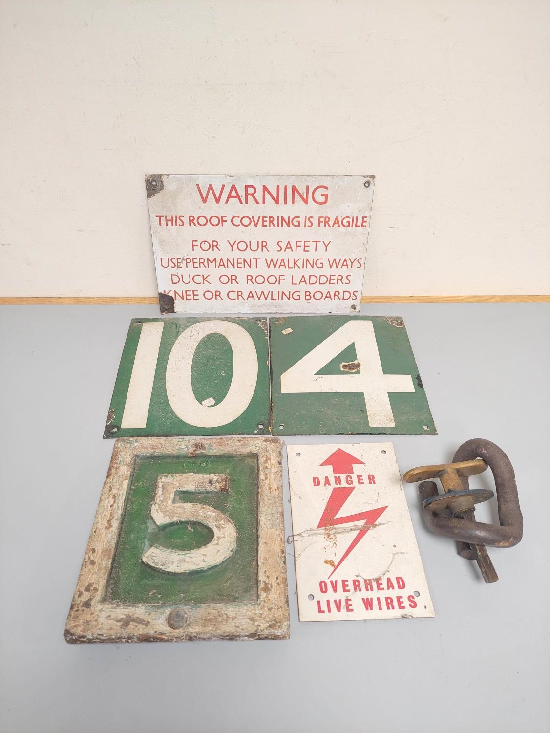 Collection of 20th century enamel signs to include a rectangular fragile roof warning sign, overhead