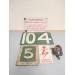Collection of 20th century enamel signs to include a rectangular fragile roof warning sign, overhead