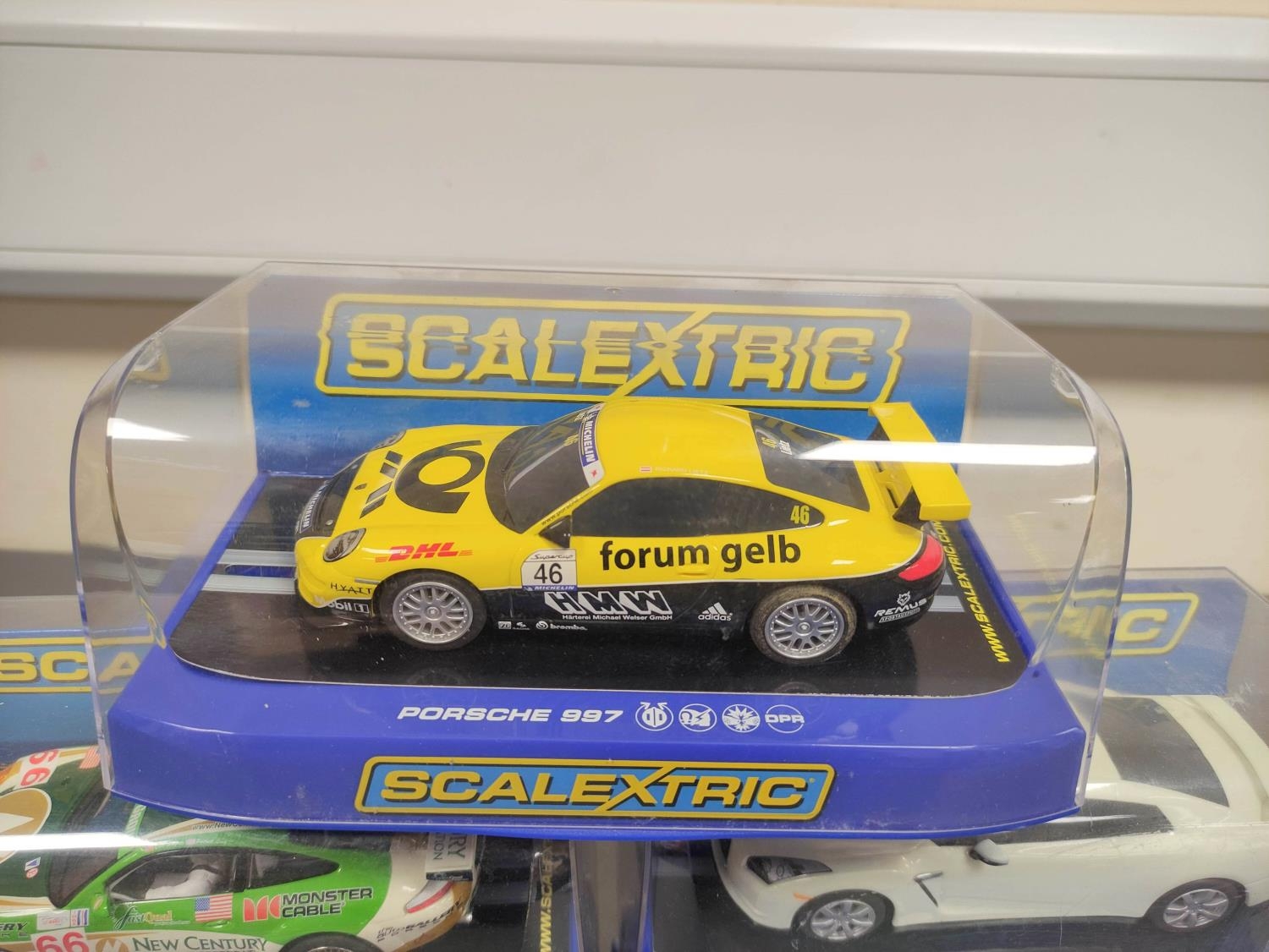 Scalextric. Five 1/32 scale racing car models in perspex cases to include Porsche 997 C3079, - Image 2 of 6