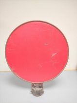 Early 20th century cast aluminium circular warning sign with red reflective coating.