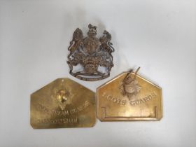 British Army Royal Artillery Victorian officer's helmet plate height 10cm. Also two military brass