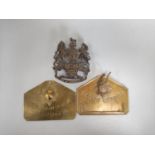 British Army Royal Artillery Victorian officer's helmet plate height 10cm. Also two military brass