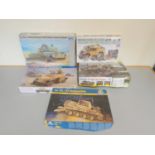 Five 1:35 scale boxed model construction kits to include a Trumpeter British Challenger 2 MBT 00345,