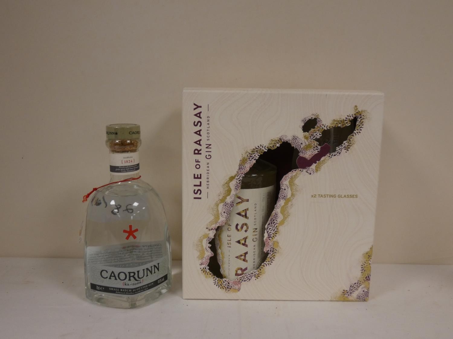 Two bottles of gin to include ISLE OF RAASAY gift set with two tasting glasses 46% abv. 70cl boxed