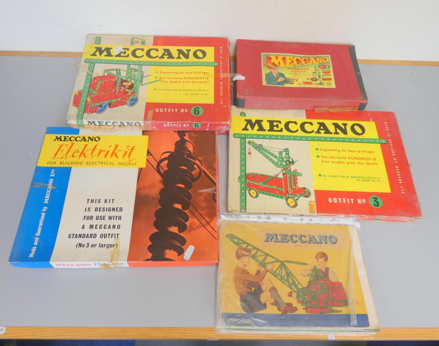 Meccano. Four construction kits to include Outfit No.6, Accessory Outfit No.6A, Outfit No.3 & an