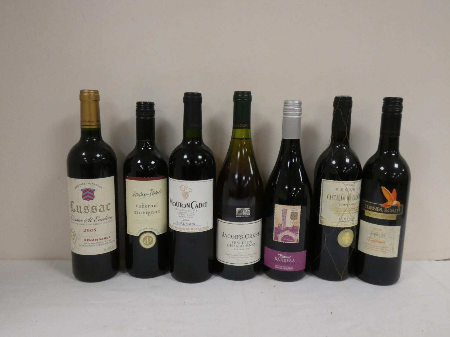 Seven bottles of wine to include LUSSAC 2006 12.5% abv. MOUTON CADET 2004 12.5% abv. CASTILLO DE