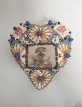 WW1 sweetheart beadwork pin cushion in the form of a heart having Union Jack flag details, and a