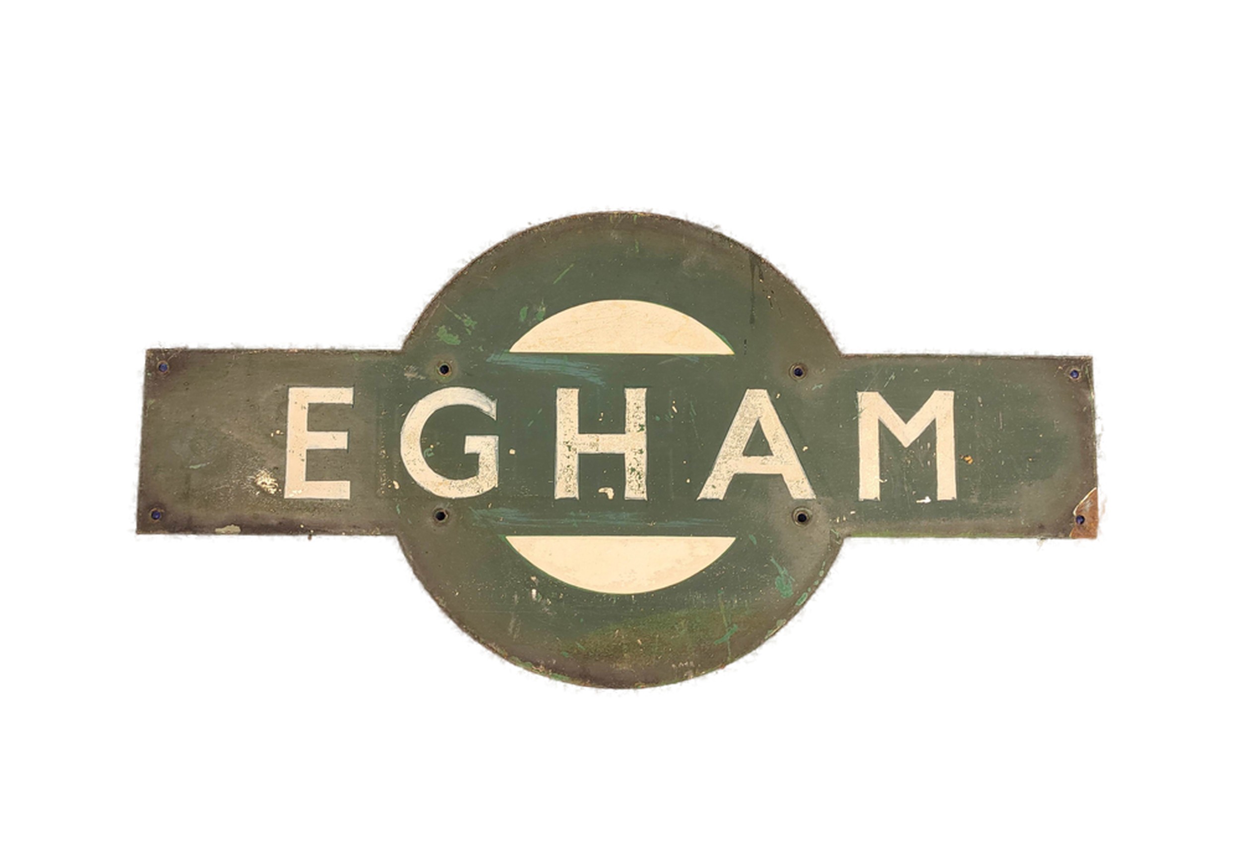 South Western Railway green and white enamel station sign 'Egham' (lettering re-painted) 33cm x