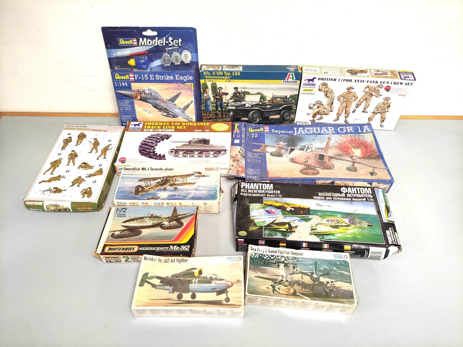 Collection of boxed model construction kits to include a Revell 1:144 scale F-15 E Strike Eagle