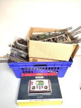 Two boxes of model railway 00 gauge track and components to include a Hornby Elite Digital