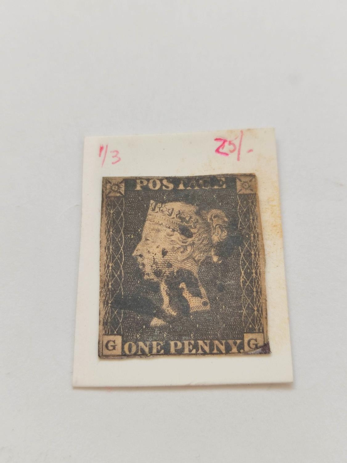 Great Britain. Penny black stamp, imperforated and with black Maltese Cross cancellation mark. Plate - Image 2 of 2