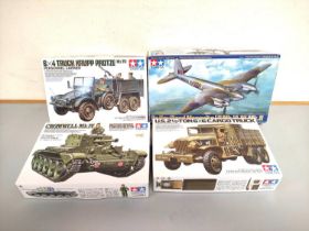 Tamiya. Group of models to include a 1:35 scale British Cromwell Mk IV Tank, 1:48 scale De Havilland