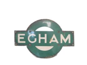 South Western Railway green and white enamel station sign 'Egham' 33cm x 66cm.