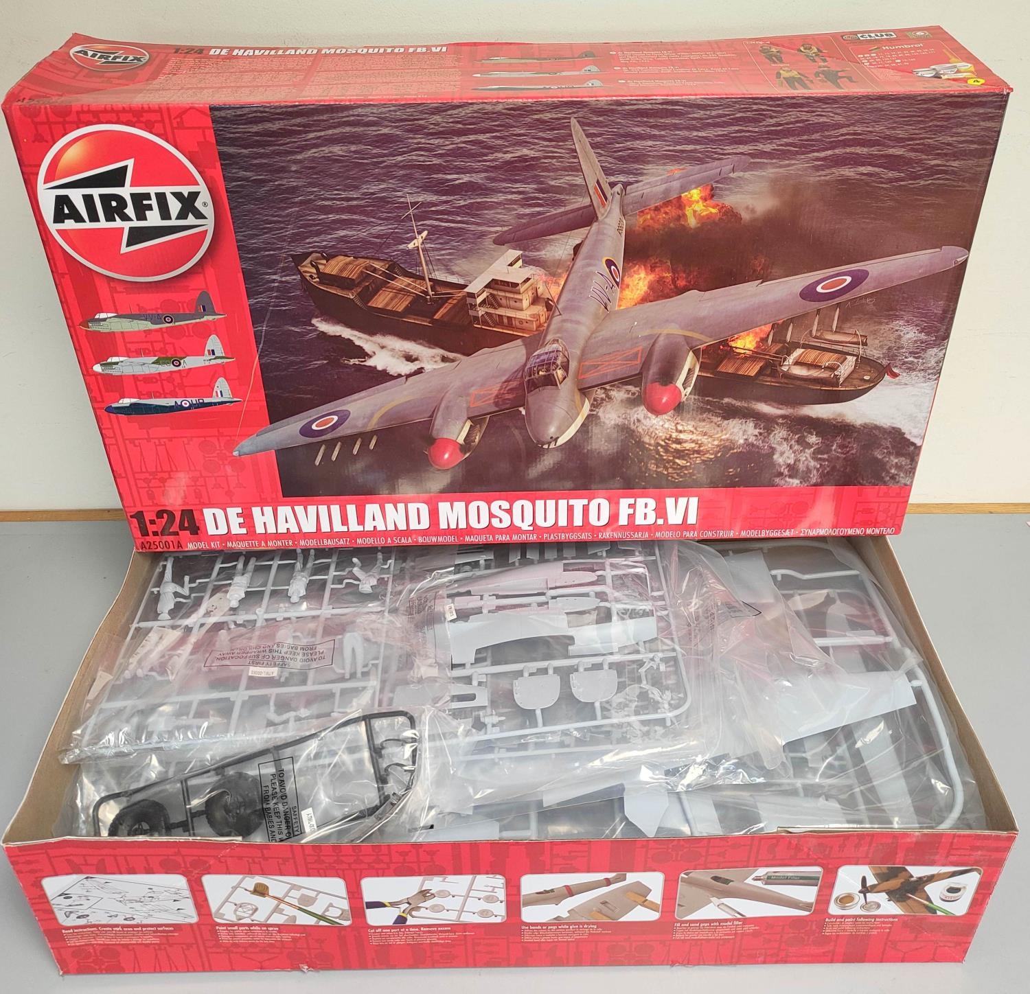 Airfix. Boxed 1:24 scale De Havilland Mosquito FB.VI model. Kit no. A25001A. Complete and components