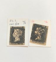 Great Britain. Two Penny Black postage stamps, imperforated and both with black Maltese Cross