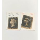 Great Britain. Two Penny Black postage stamps, imperforated and both with black Maltese Cross