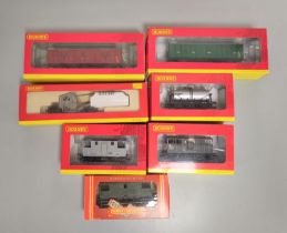 Hornby Railways. Seven boxed 00 gauge rolling stock carriages and covered wagons to include BR