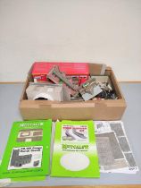 Two boxes of model railway buildings and components to include Metcalfe building kits, Grand