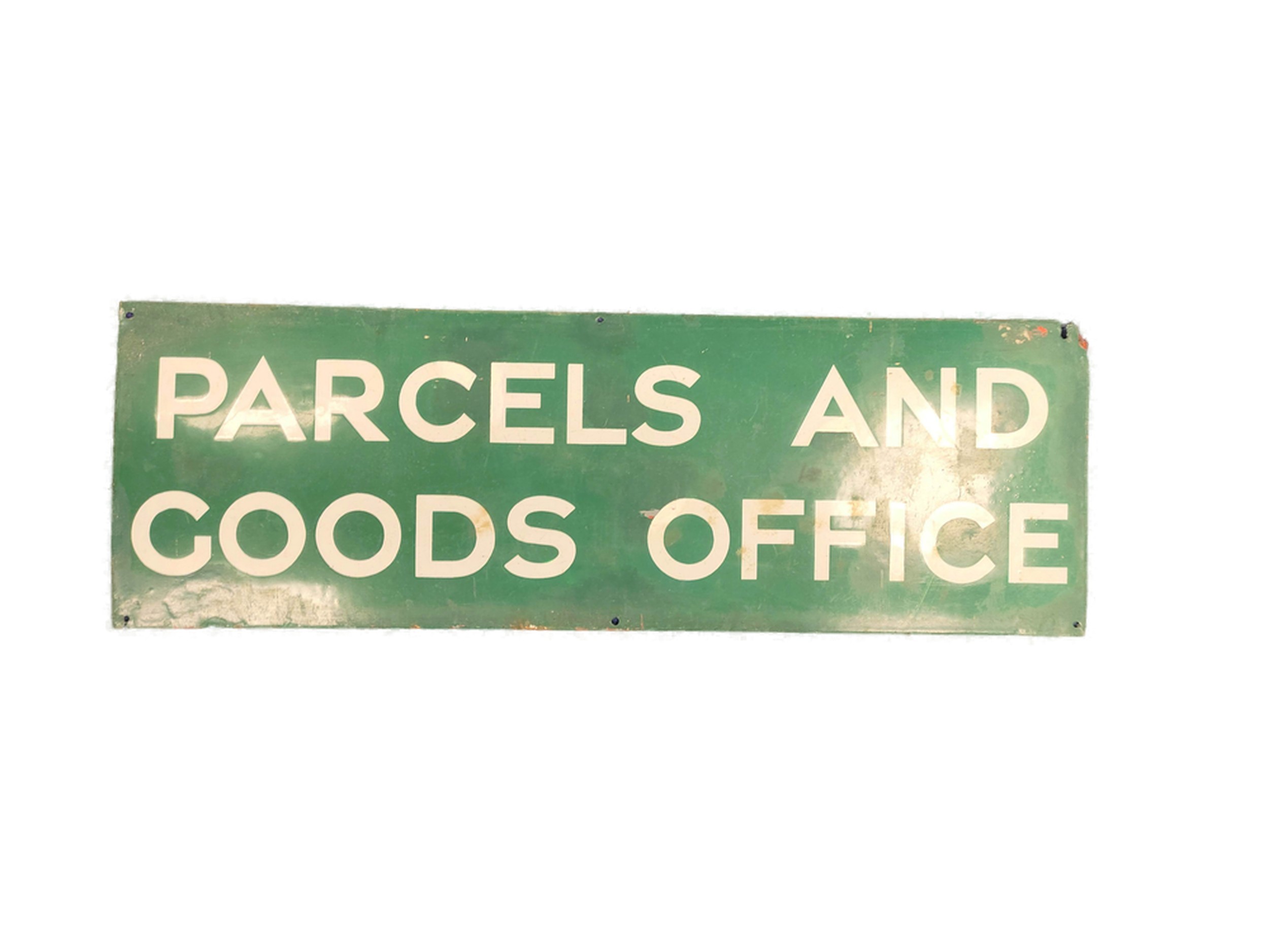 Parcels & Goods Office green and white enamel station sign 30cm x 92cm.