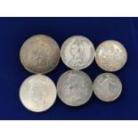 Collection of British and World silver coins to include a 1922 USA dollar, an 1868 French 5F, 1889