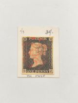 Great Britain. Penny black stamp, imperforated and with red Maltese Cross cancellation mark. Plate
