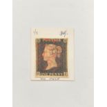 Great Britain. Penny black stamp, imperforated and with red Maltese Cross cancellation mark. Plate