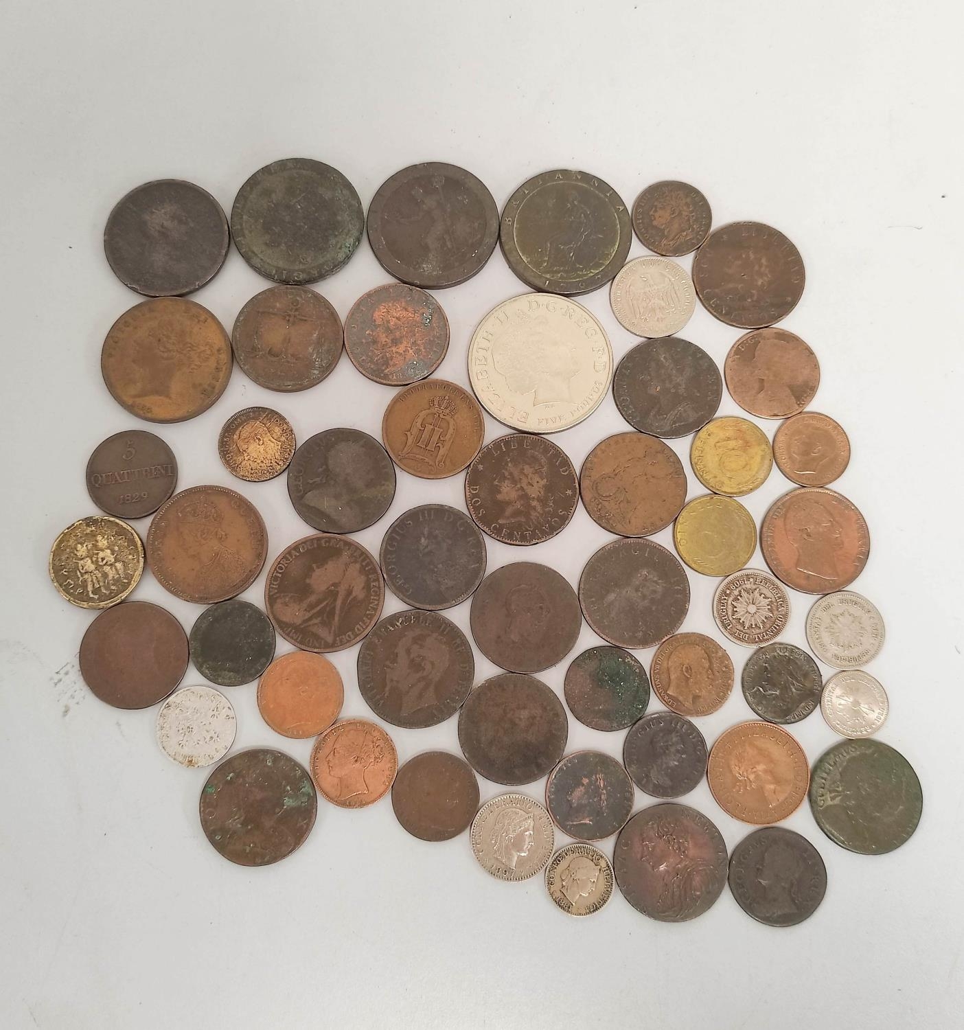 Collection of British and World coins to include a 1680s William & Mary halfpenny, a 1793