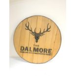 Whisky cask end 'THE DALMORE' with 12 point Royal stag, 53cm diameter.