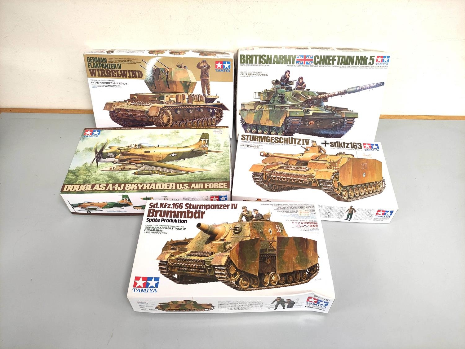 Tamiya. Group of 1:35 scale models to include British Army Chieftain Mk.5 No 68, SdKfz163 No 87,