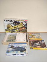 Group of boxed model construction kits to include a 1:48 scale Academy Hobby Model Kits CH-46A/D "US