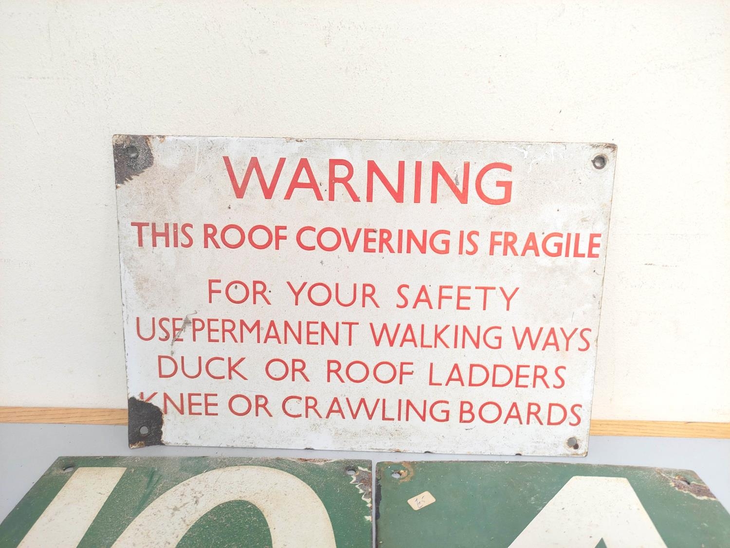 Collection of 20th century enamel signs to include a rectangular fragile roof warning sign, overhead - Image 2 of 4