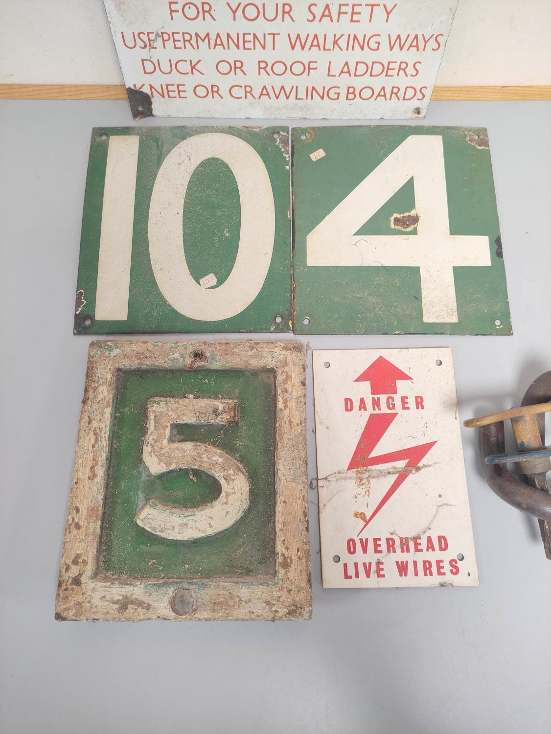 Collection of 20th century enamel signs to include a rectangular fragile roof warning sign, overhead - Image 4 of 4