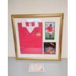 George Best. A framed signed Manchester United retro-style football shirt, signed above the club