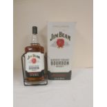 4.5litre bottle of JIM BEAM Kentucky straight Bourbon whiskey, boxed with pourer and on metal