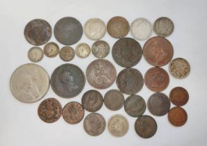 Collection of silver and copper coins to include a 1766 George III shilling, 1887 shilling, two 1806